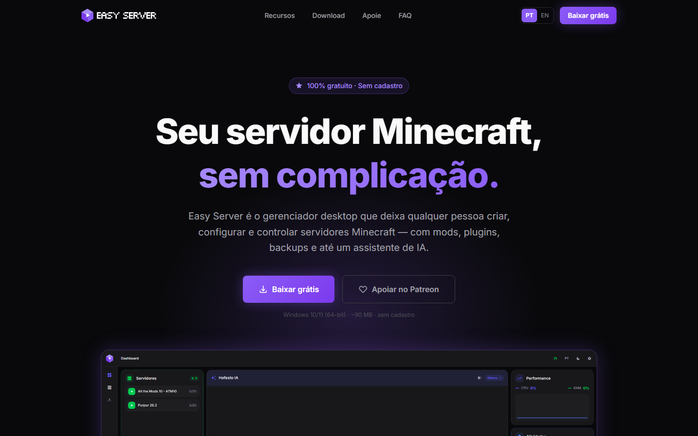 Página inicial do site easyserver.com.br, com o título e o botão de download