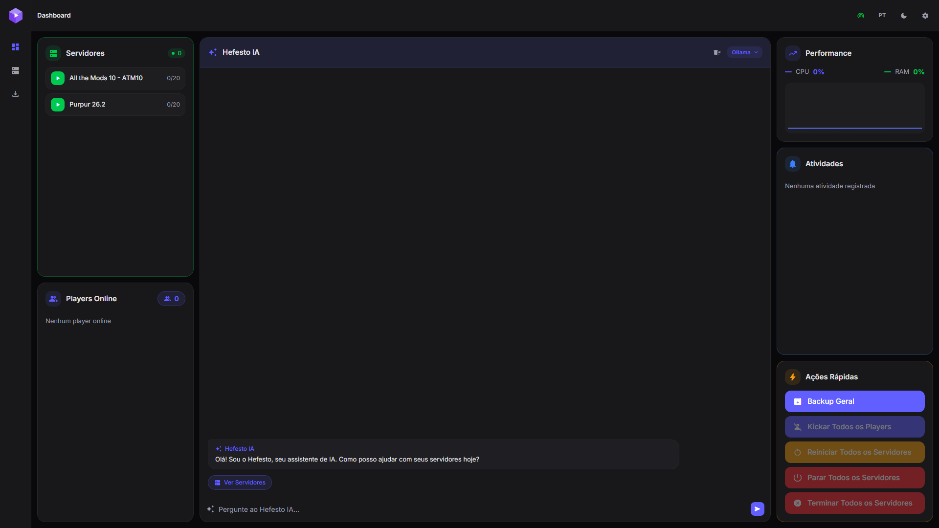 Dashboard do Easy Server: lista de servidores, chat do Hefesto IA, desempenho e ações rápidas