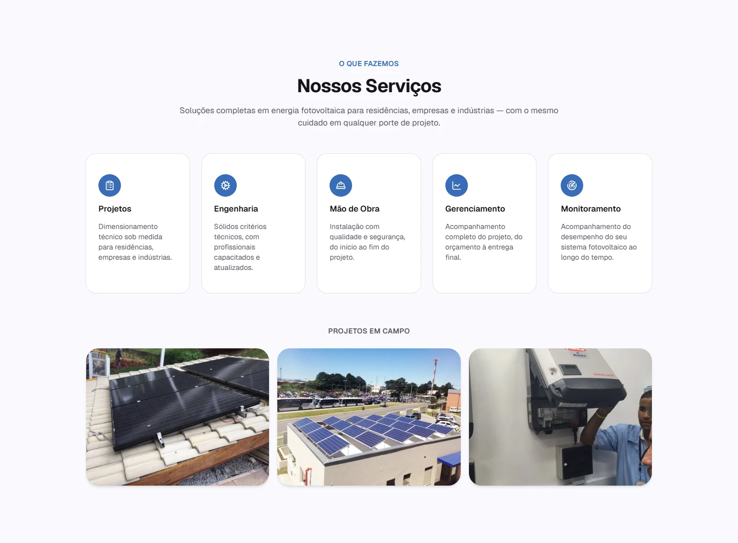Seção Serviços + projetos em campo do site novo da KWSol