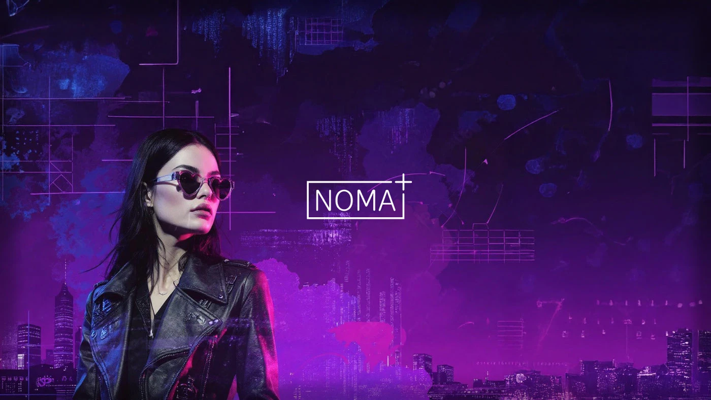 Capa da identidade visual da NOMA+: ilustração de uma mulher com óculos em formato de coração, cidade cyberpunk em tons de roxo ao fundo, com o logo NOMA+