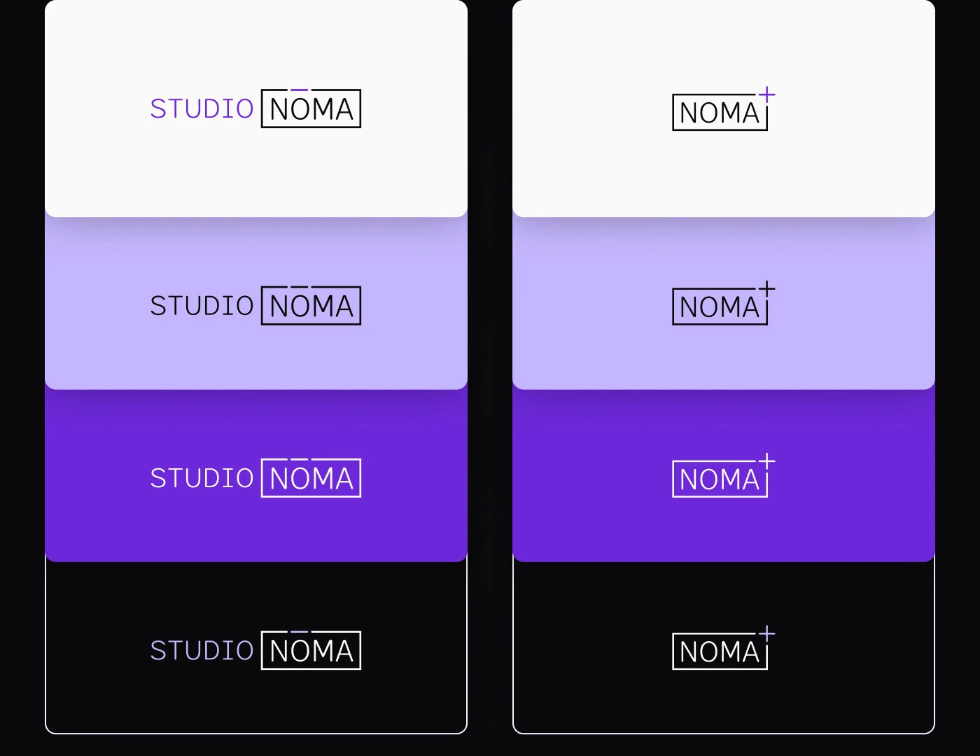 Lockups Studio Noma e NOMA+ testados sobre quatro fundos: branco, lavanda clara, roxo e preto