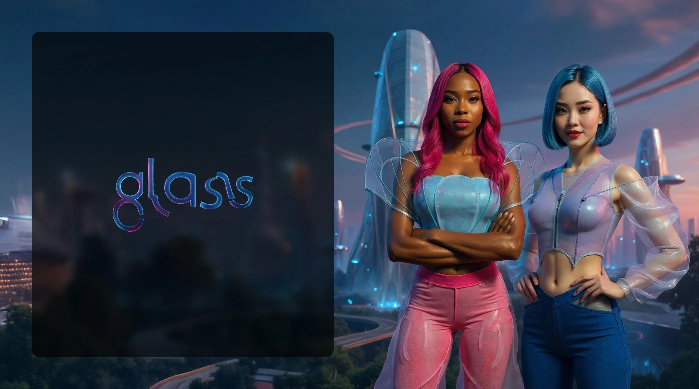 Capa da marca Glass: logotipo em gradiente holográfico sobre duas modelos em roupas translúcidas numa cidade futurista