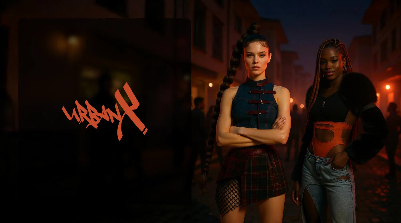 Capa da marca UrbanX: logo em grafite laranja sobre duas modelos em roupa streetwear numa rua à noite