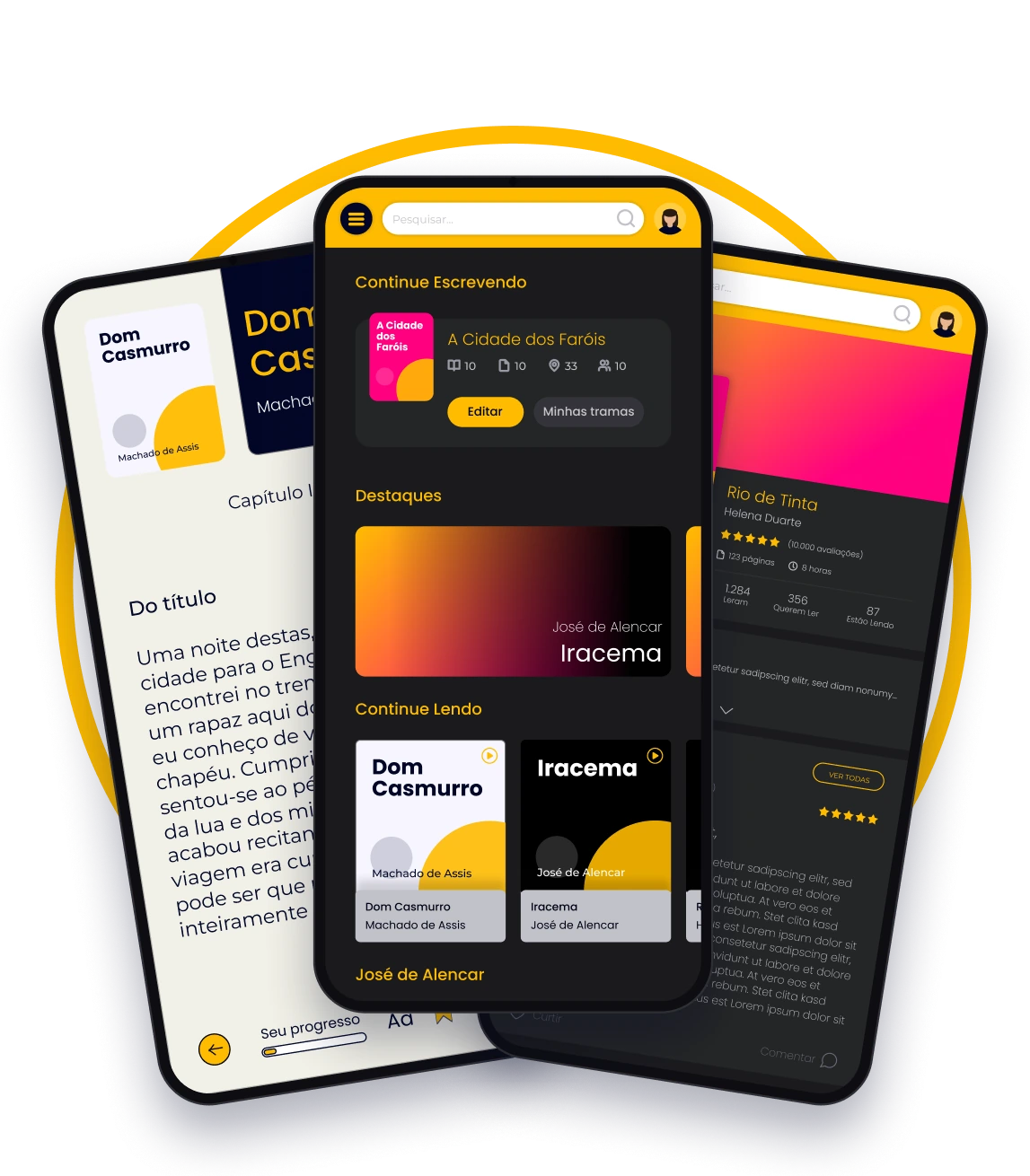 Telas do app Trama em três celulares: catálogo, detalhe do livro e leitura, dentro de um anel amarelo