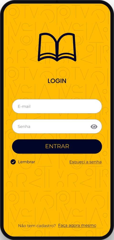 Tela de login: livro aberto, campos de e-mail e senha e o botão Entrar, sobre fundo amarelo