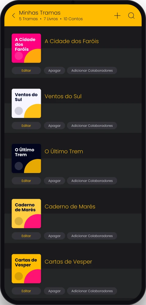 Lista das Tramas do autor, cada uma com capa e ações