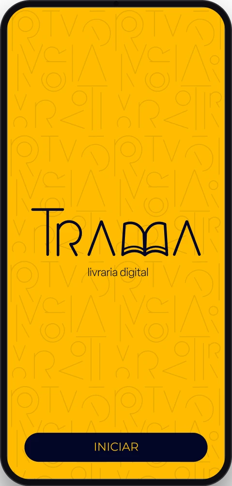 Tela de abertura do app: fundo amarelo com o mosaico de letras, o logo da Trama e o botão Iniciar