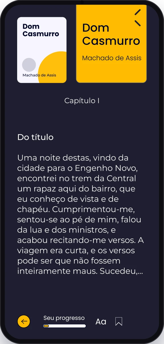 Tela de leitura em tema escuro: o mesmo texto em letras brancas sobre fundo azul-acinzentado