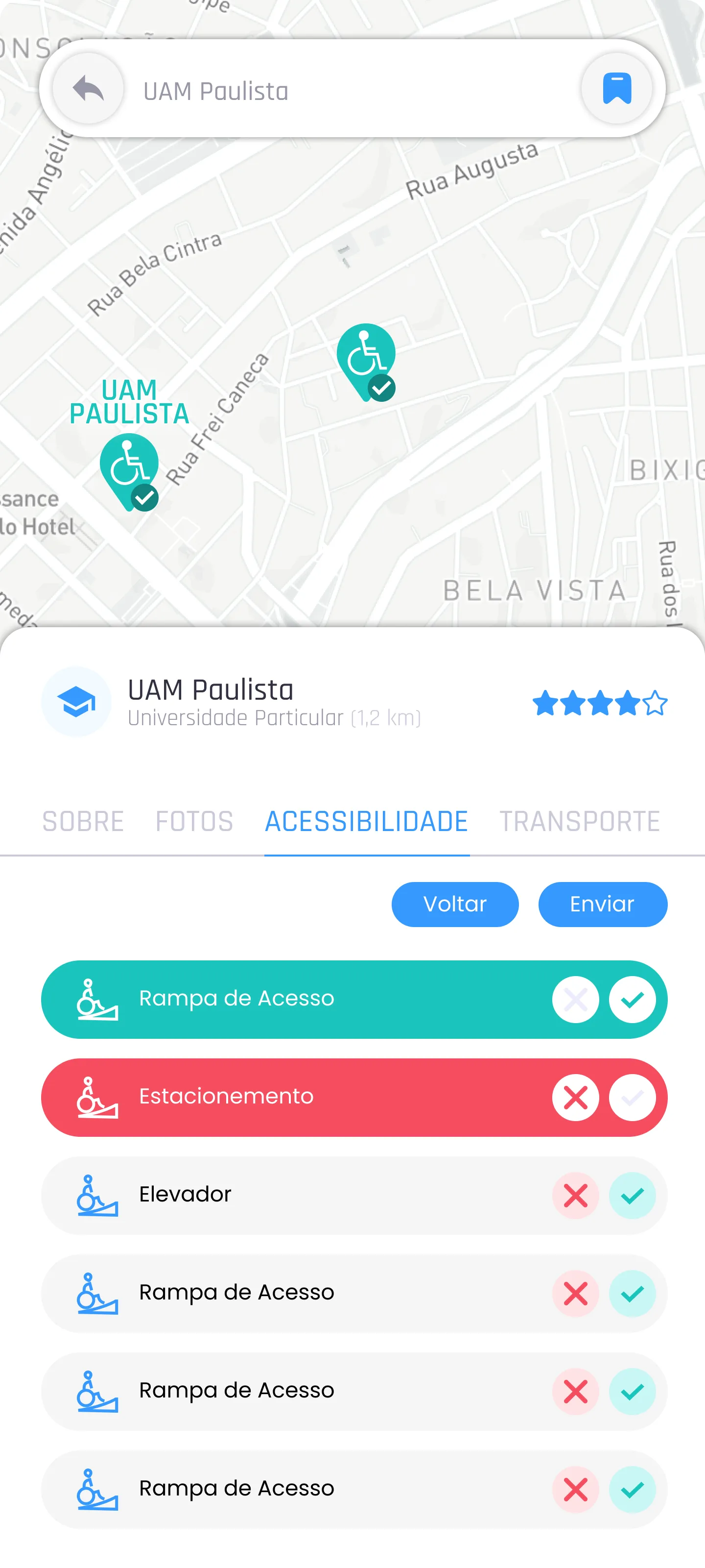 Tela de contribuição do protótipo, com toggles para marcar itens de acessibilidade