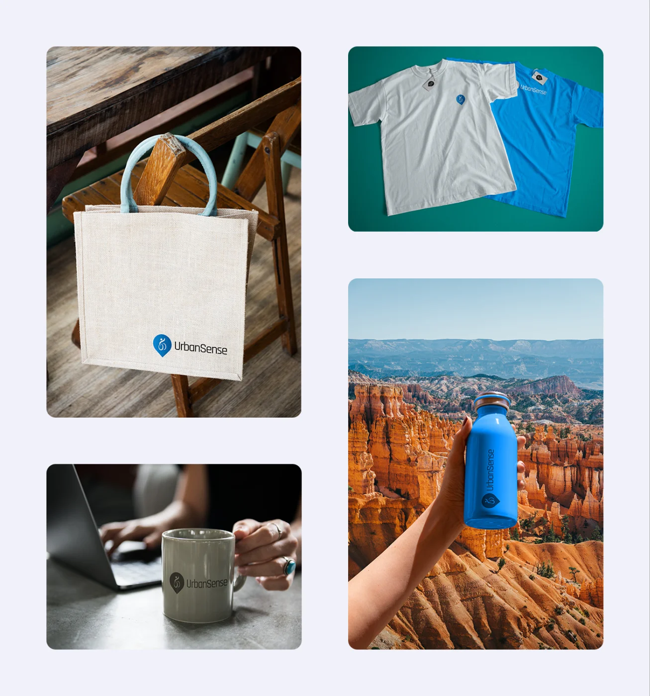Mockups de merchandising UrbanSense: sacola de tecido, camisetas, caneca e garrafa reutilizável