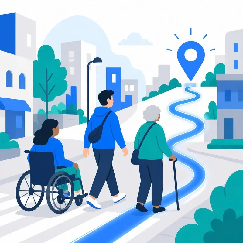 Ilustração de um cadeirante, uma pessoa com bengala e um pedestre seguindo uma rota até um pino de mapa numa rua da cidade